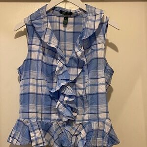 Ralph Lauren Light Blue Plaid Ruffle Blouse